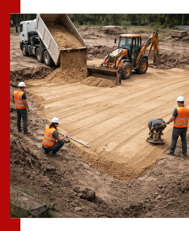 Устройство песчаной подушки для фундаментов и дорог в Лесне